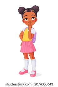 Cute curious thinking African American school girl. Cartoon vector illustration isolated on white background.