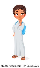 Cute curious thinking Arab school boy in thawb. Cartoon vector illustration isolated on white background.