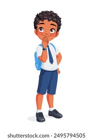 Cute curious thinking Indian school boy in uniform. Cartoon vector illustration isolated on white background.