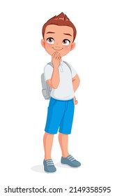 Cute curious thinking school boy in uniform. Cartoon vector illustration isolated on white background.