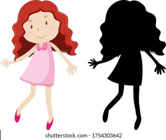 Cute curl hair girl in colour and silhouette illustration
