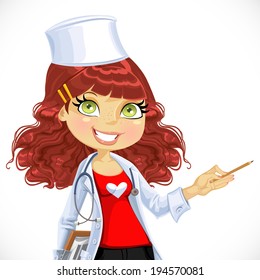 Cute curl haired doctor -  explains something. Portrait of a pretty girl
