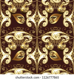 In cute curls style. Vector illustration. Illustration in brown, beige and yellow colors. Seamless pattern in oriental style. Ornate floral ornament. Urban pattern for textile and fabric.