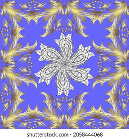 In cute curls style. Vector illustration. Seamless pattern in oriental style. Ornate floral ornament. Illustration in yellow, violet and neutral colors. Urban pattern for textile and fabric.