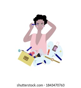 Cute curly African American woman doing make up, applying mascara. Colored hand drawn vector illustration. Girl and cosmetics. What's in My Makeup Bag.