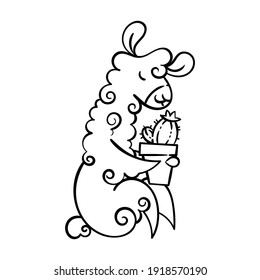 Cute curly alpaca with blooming cactus in a clay pot. Vector illustration for coloring pages, children and adult prints, baby shower