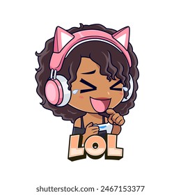 Cute curly black gamer girl cartoon laughing sticker