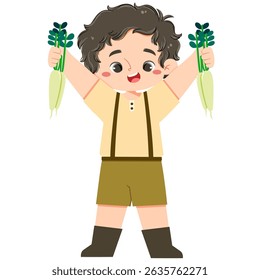 Cute curly boy hold radish in both hands in farmland in harvest moon