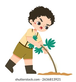 Cute curly boy is pulling up cassava in farmland in harvestmoon