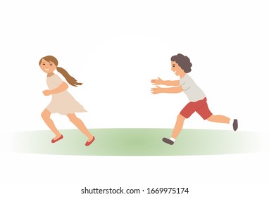 Cute curly boy trying to catch up smiling girl outdoor. Children playing at nature. Kids running, having fun on meadow, in park. Careless happy childhood. Vector cartoon illustration isolated on white