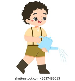 Cute curly boy watering plant in farmland on a summer time