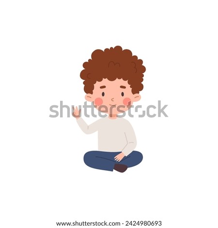 Cute curly child boy sitting and showing three fingers flat style, vector illustration isolated on white background. Decorative design element, child counting, education