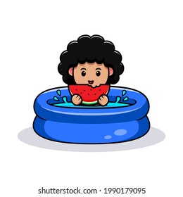 cute curly cowboy earting watermelon on summer