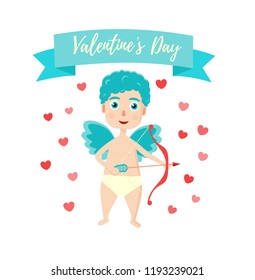 Cute curly cupid with a bow and arrow in hearts. For a valentine or a card for Valentines Day with text