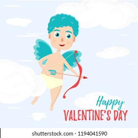 Cute curly cupid with a bow and arrow in the sky between the cloud. For a valentine or a card for Valentines Day with text