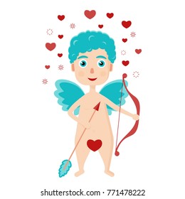 Cute curly cupid with a bow and arrow. For a valentine or a card for Valentines Day