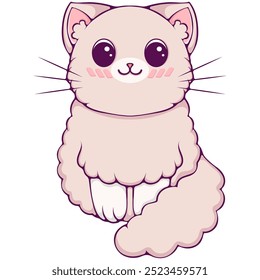 Cute curly fluffy sitting cat in kawaii style. Funny baby character. Design element for poster, postcard, greeting card, children clothes, t-shirts