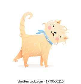 Cute curly fur cat or kitten purr cartoon, domestic kitty animal illustration for children, kind and friendly kids picture. Watercolor style vector graphic.