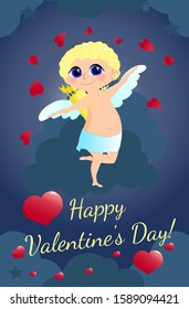 Cute curly golden cupid on the clouds scatters heart-shaped scarlet rose petals. The angel has blue wings, large blue eyes and a beautiful smile. Greeting card and text Happy Valentine's Day.
