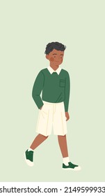 Cute curly haired boy is walking with his hands in his pockets. flat design style vector illustration.