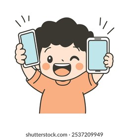 Cute Curly Haired Kid Boy Character Holding Gadget Handphone con expresión feliz