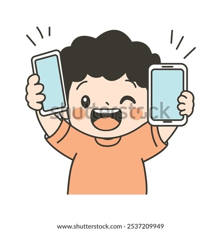 Cute Curly Haired Kid Boy Character Holding Gadget Handphone with Happy Expression