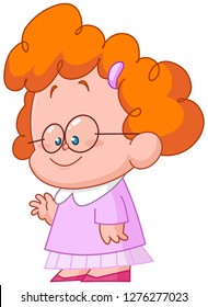 Cute curly little girl wearing glasses waving with her hand