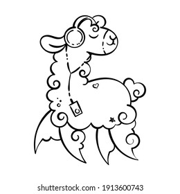 Cute curly llama in headphones with a music player. Illustration for coloring pages, children prints and publications