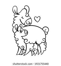 Cute curly llama mom with baby. Vector illustration for coloring pages, children and adult prints, Mother Day