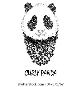 Cute curly panda portrait line curls illustration fashion print or logo in black and white