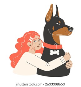 Cute curly red-haired girl hugs a big Doberman dog. Flat style vector illustration of child and pet friendship.