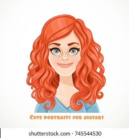 Cute curly redhaired young woman portrait for avatar isolated on a white background