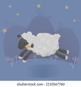 A cute curly sheep runs through the meadow at night. Starry sky. Count before bed.