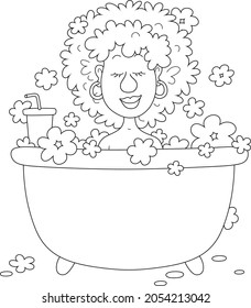 Cute curly young woman with an exotic haircut taking a bubble bath, black and white outline vector cartoon illustration