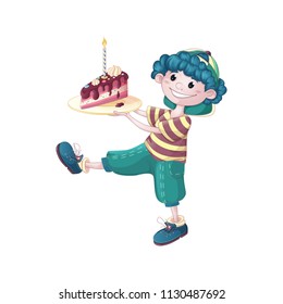 A Cute, Curly-haired Boy In A Baseball Cap, Striped Shirt And Green Breeches Carries A Large Plate With A Piece Of Birthday Cake. Vector Cartoon Character For Drawing A Greeting Card Or Invitation.