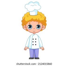 A cute curly-haired boy in a cook's suit and a white hat. Vector illustration of baby baker character in cartoon childish style. Isolated funny Swede clipart on white background. cute print