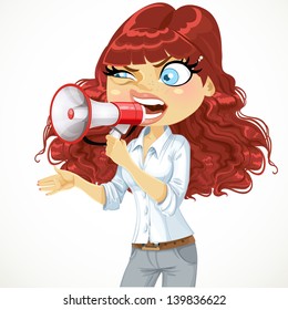 Cute curly-haired girl cries or protests through a megaphone isolated on white background