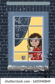 Cute curly-haired girl with puppy looking out the window, winter, christmas, new year, vector art for children illustration can be used for postcards