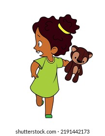 Cute  curly-haired little girl got scared and runs away. gestures and expressions. fear and panic. girl in green dress holding teddy bear