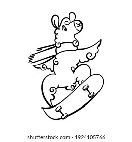 A cute, curly-haired llama rides a skateboard. Vector illustration for coloring pages, prints for children and adults, sports, healthy lifestyle