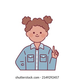 Cute curly-haired woman pointing finger up and explaining. outline simple vector illustration.