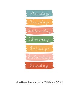 Cute cursive hand written days of the week stickers for weekly planner. Colourful days of the week lettering in warm tones. Boho style days of the week typography set, font for daily organiser, diary.