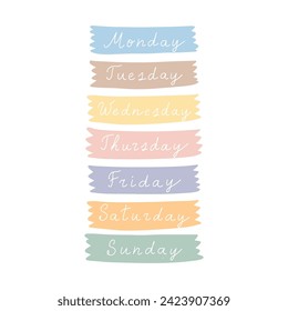 Cute cursive hand written days of the week stickers for weekly planner. Colourful days of the week lettering in pastel tones.