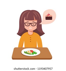 Cute curtoon vector illustration of girl sad with her dinner. Girl on a diet.
