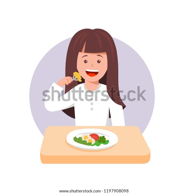 女の子が夕食をともに悲しんだ かわいいカーツンのベクターイラスト ダイエット中の女の子 のベクター画像素材 ロイヤリティフリー