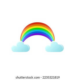 Cute curved rainbow arc with clouds sticker. Vector illustrations of childish colorful arc. Cartoon rainbow arc with clouds in sky isolated on white background. Weather, fairytale concept