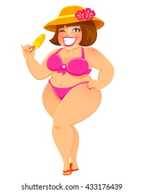 cute curvy girl in a bikini holding a popsicle