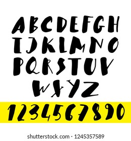 Cute curvy vector font. Vector font in rough hand drawn style with letters and figures. Vector illustration for your graphic design.