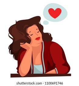 Cute curvy woman dreaming about love. Vector cartoon illustration. Character design.