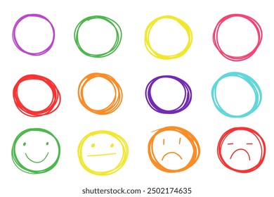 Cute customer experience rate star mess sketch circle smile face emotion doodle sketch collection set.